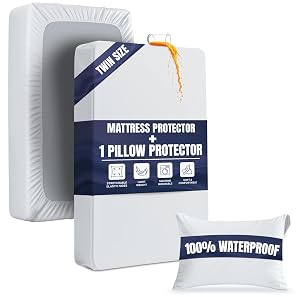 Waterproof Mattress Protector and Pillow Case Twin Size Includes 1 Zippered Pillow Protector and 1 Mattress Cover Set