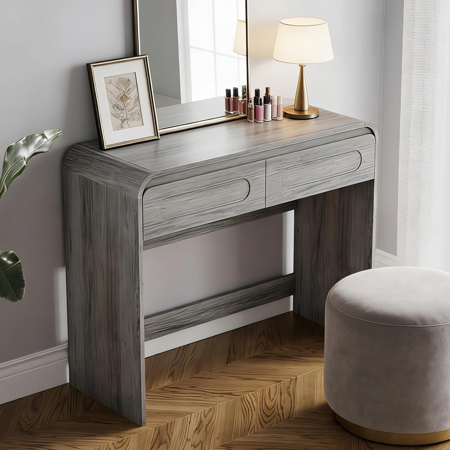 Vanity Desk, Makeup Vanity Desk with 2 Drawers and Storage Desktop Space, Modern Makeup Vanity Dressing Table with Curved Profile Design, Grey Makeup Computer Writing Desk for Home Office Bedroom