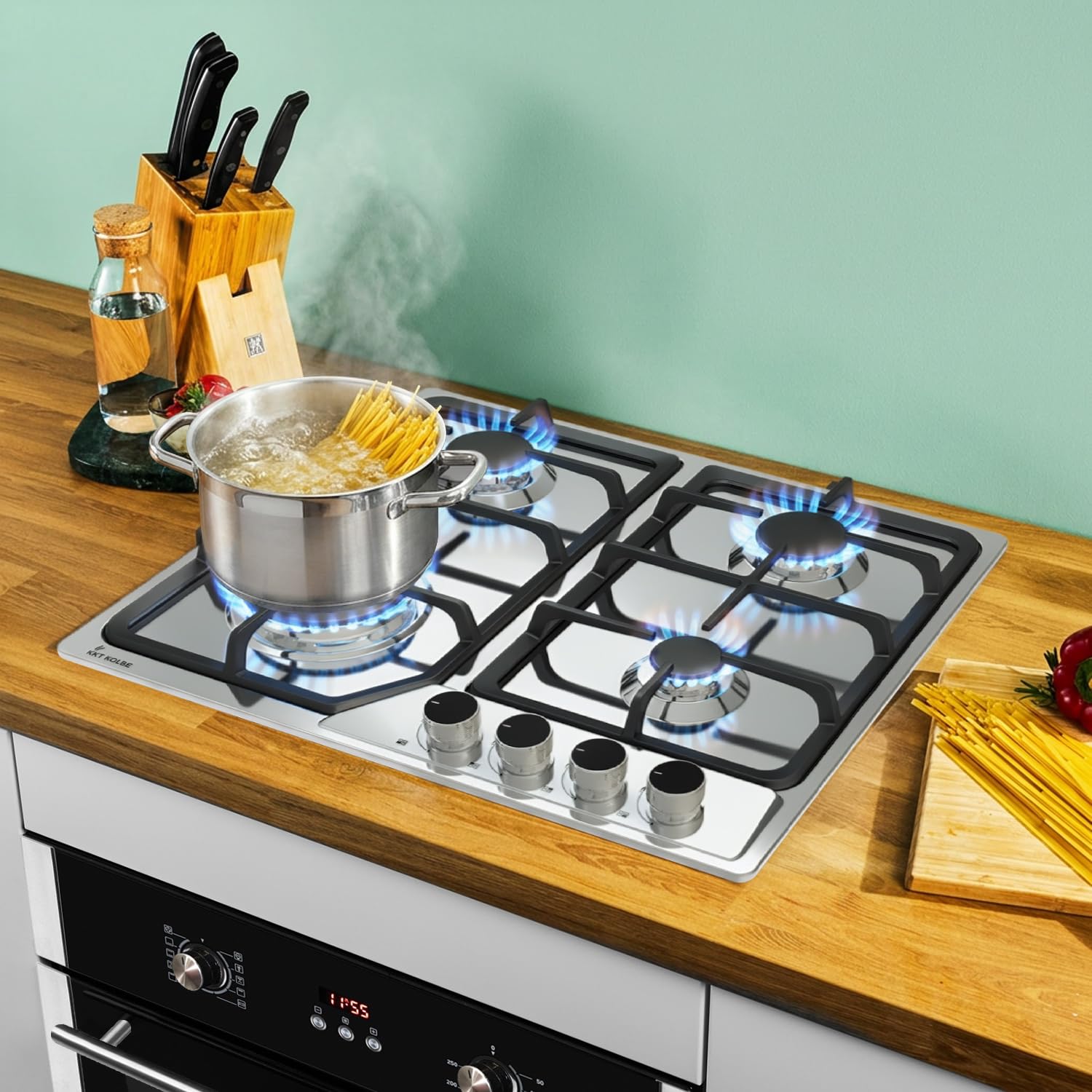 KKT KOLBE Set horno 60cm BO8805SS y placa gas 58 cm inox G604ED | 4 fuegos wok | grill y aire caliente | timer automático | doble cristal, bloqueo niños | SET8805G604ED