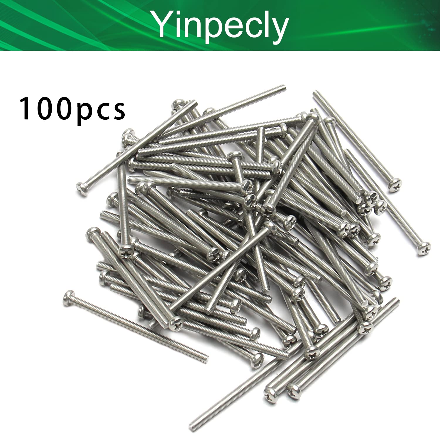 Yinpecly 100pcs 304 Stainless Steel M3 x 50mm Machine Screws Pan Phillips Cross Head Screw Fasteners Bolts Silver Gray