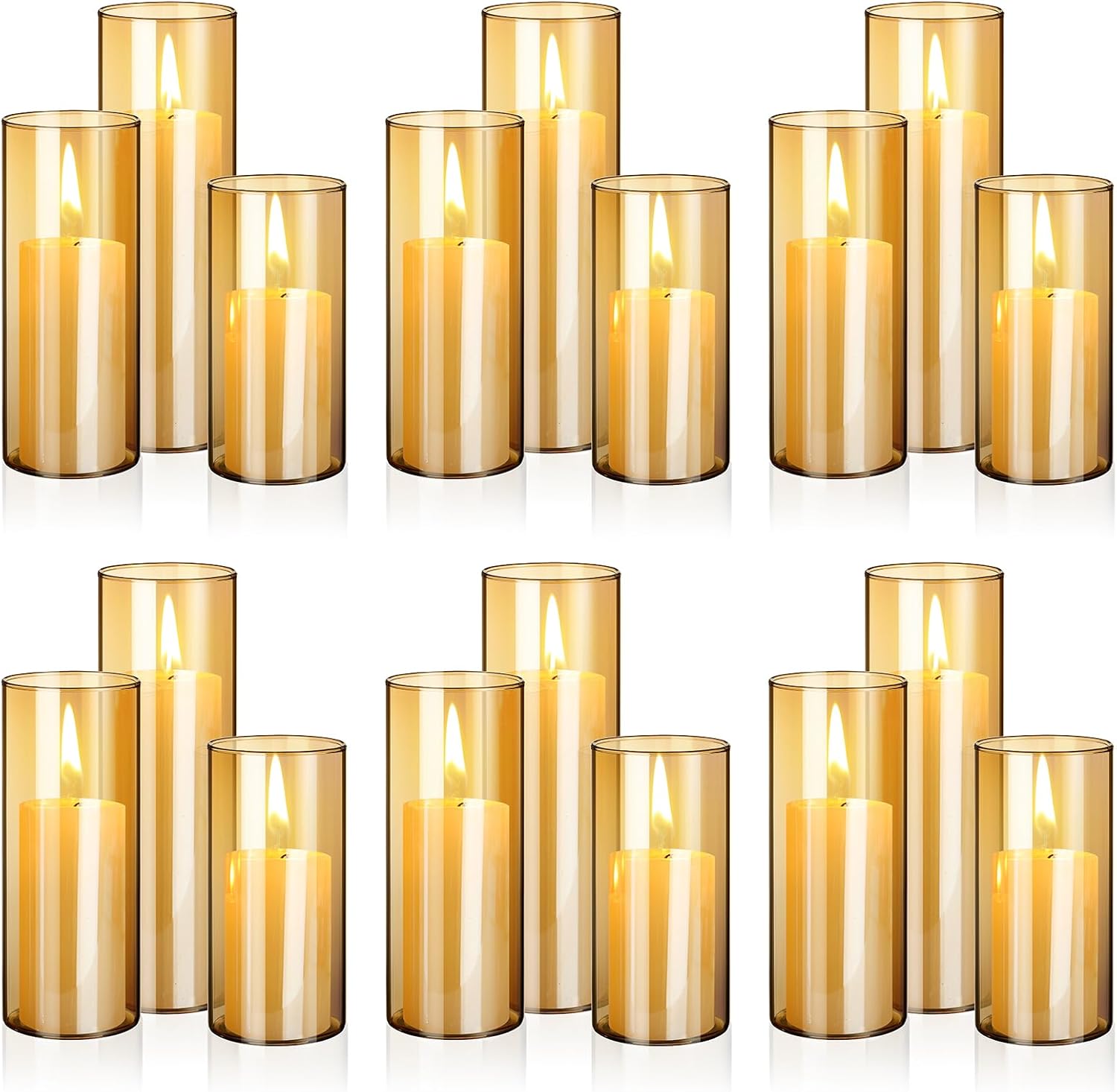 Shihanee 36 Pcs Pillar Candles and Glass Cylinder Vases Tall Cylinder Holders for Pillar Candles Wedding Centerpieces, Total 18 Sets(2.6'' X 4.7'', 5.9'', 7.9'',Amble,Ivory White) Amble,ivory White 2.6'' X 4.7'', 5.9'', 7.9''
