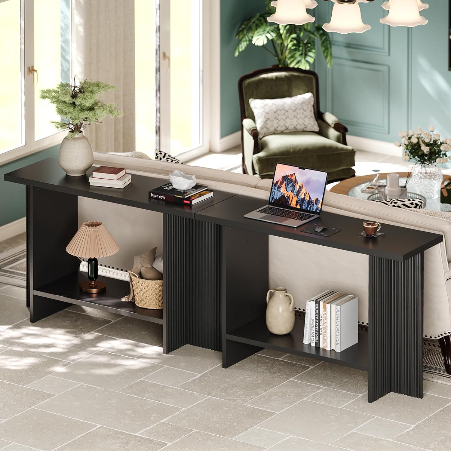 Fluted Console Table for Small Spaces 2-Tier Storage Narrow Entryway Table with Solid Wood Cross Base Mid-Century Modern Sofa Table for Hallway Living Room Behind Couch