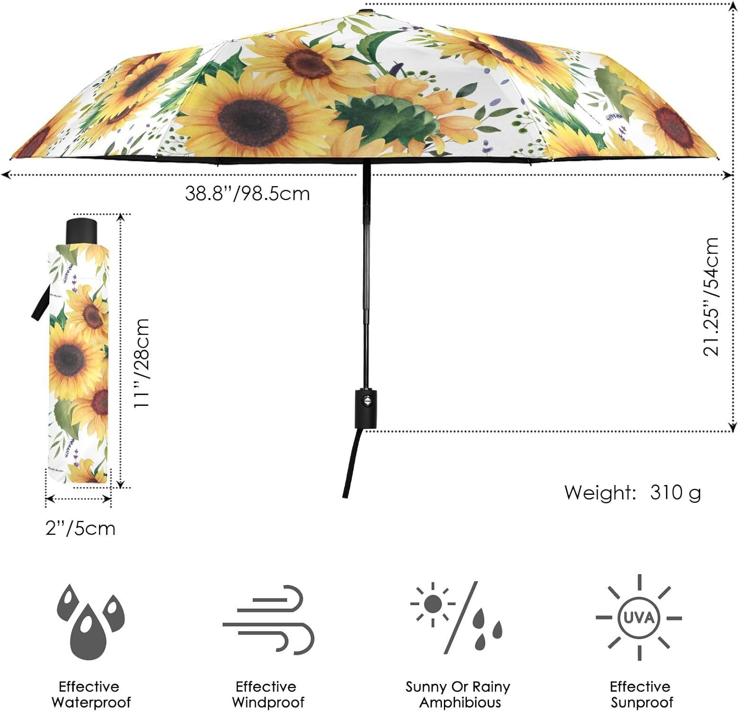 Compact Automatic Umbrella - Water-Resistant and UV50+ Sun Protected, Lightweight and Portable Umbrella for Everyday Use