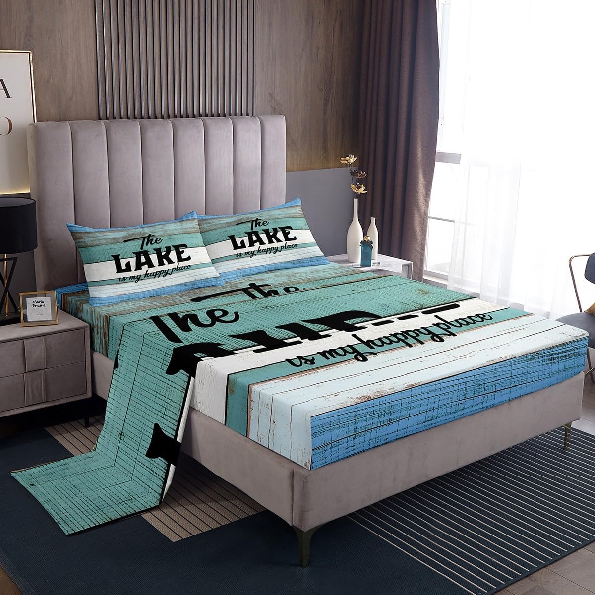 Erosebridal Lake House Sheet Set Rustic Farmhouse Bed Sheets Set, Lake Life Sheets Queen Size Vintage Wooden Planks Flat Fitted Sheet 4Pcs for Toddler Kids Boys Girls, Teal Turquoise