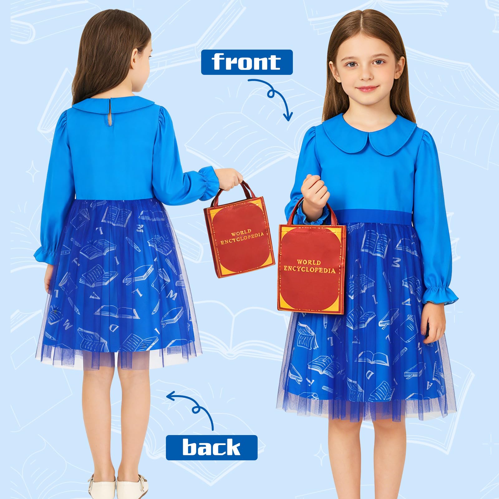 KumSoomliy Girls Matilda Costume with Bag World Book Day Costumes for Girls Kids Blue Long Sleeve Tulle Knee-Length Dress Ages 3-4 Years - Image 3