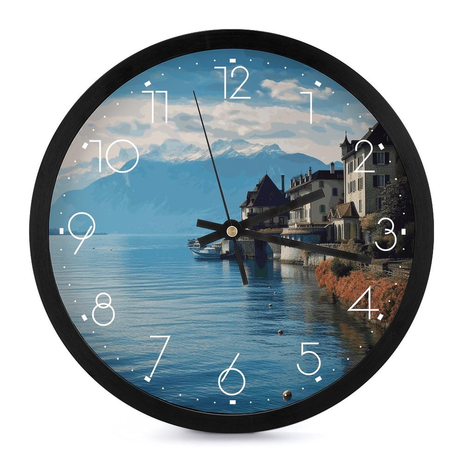 NWTRKLake Geneva Switzerland Wall Clock 10 Inch Silent Non-Ticking Round Printing Wall Clock Battery Operated Clock Decorative Round Wall Clock for Office Home Living Room Bedroom