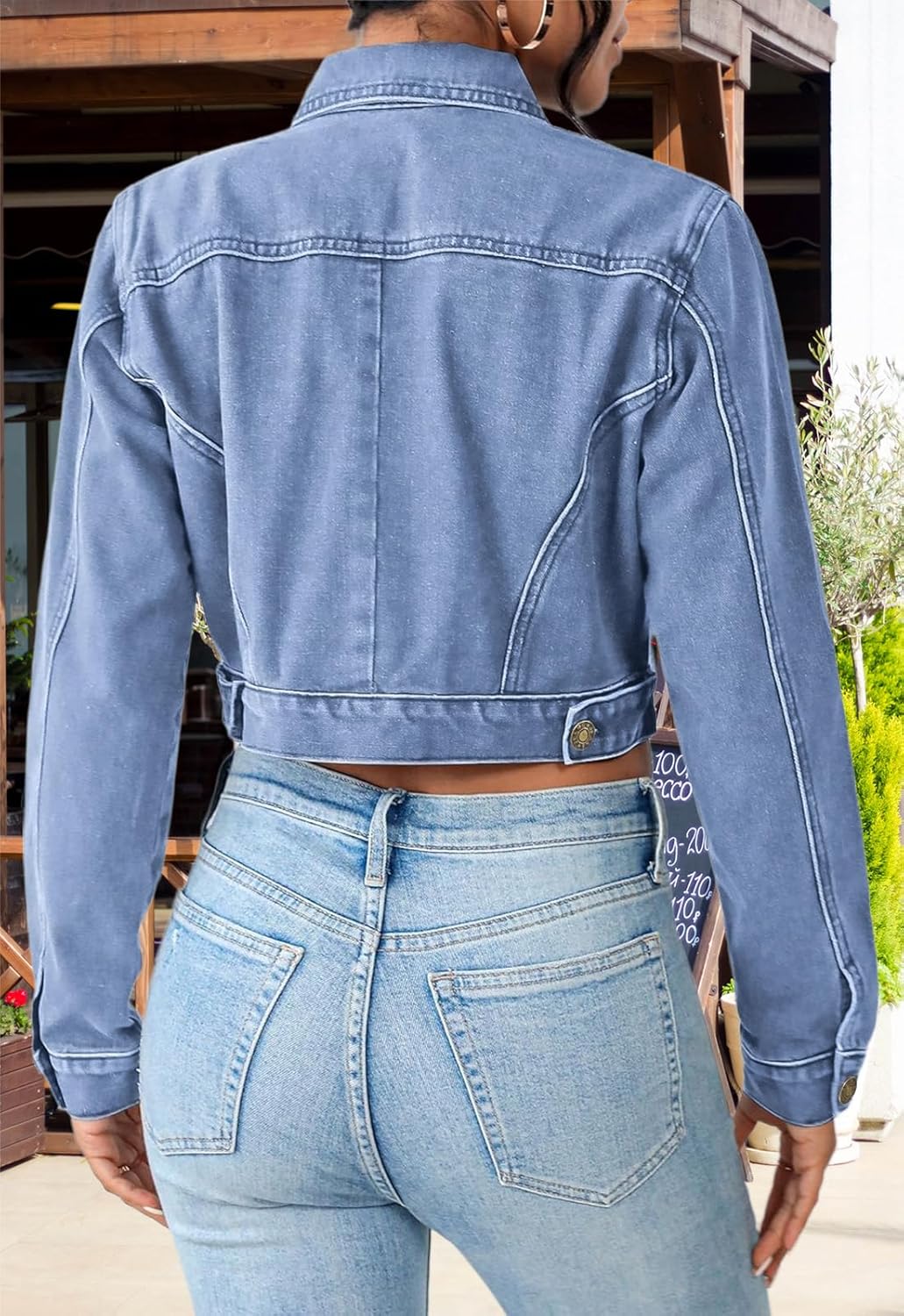 Cropped Jean Jacket for Women Long Sleeve Classic Casual Crop Top Denim Jackets Coat - Image 6