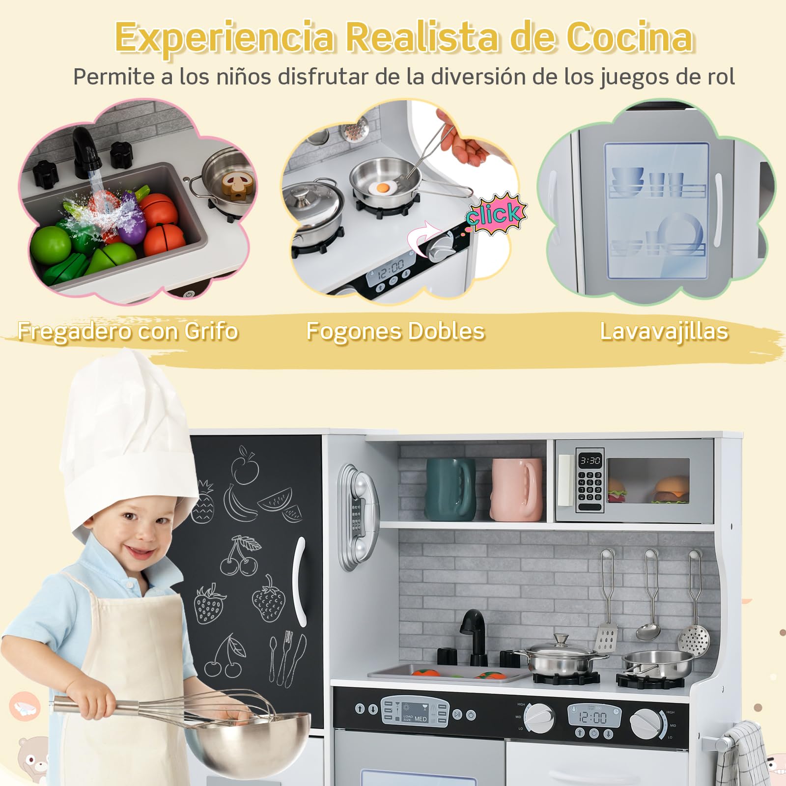 RELAX4LIFE Cocina Juguete con Pizarra, Sonidos Reales, Teléfono, Estufas, Lavavajillas, Máquina de Hielo y Horno, Cocinita Infantil con Accesorios Completos para Niños 3-6 Años (Blanco)