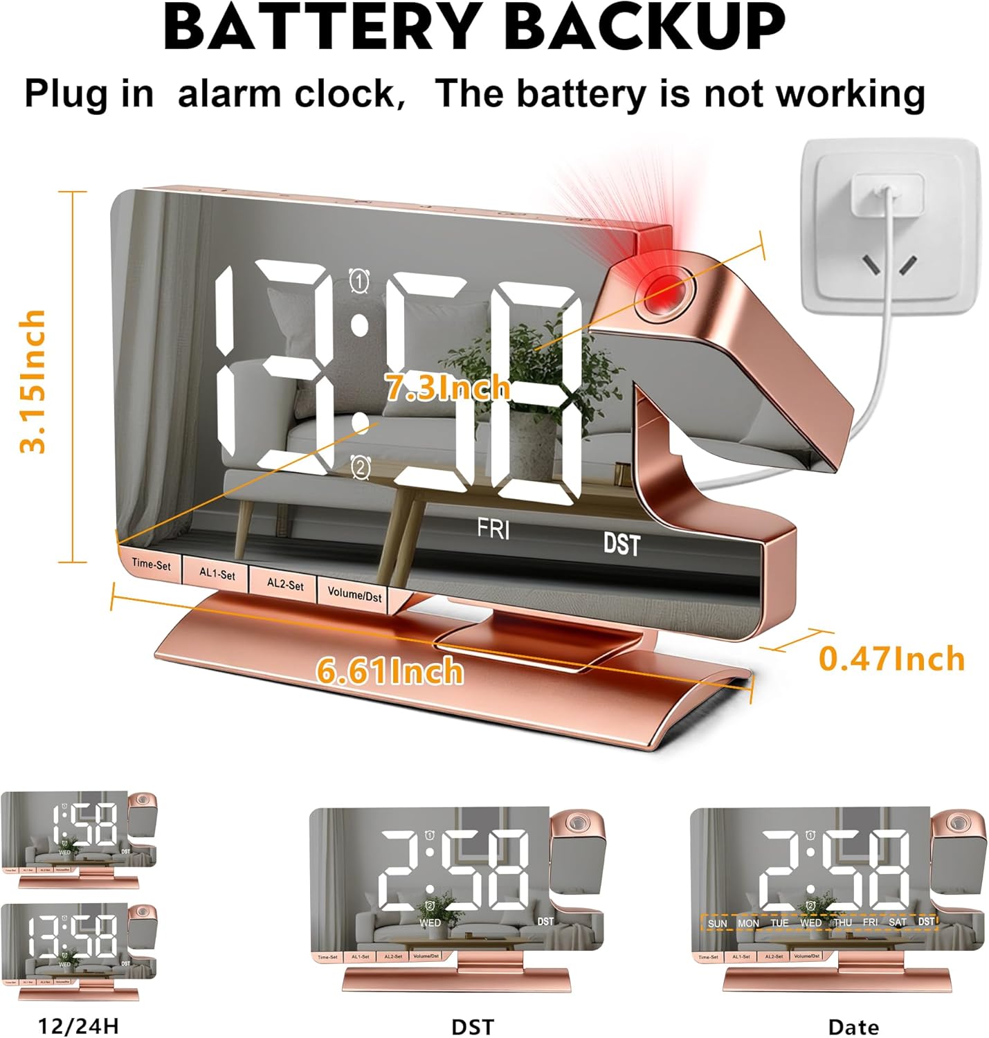 Amgico Projection Alarm Clock,Digital Clock with Projection,7.3" Mirror Clock with 180°Rotating Projector,Dual Alarm with 3 Mode,Bright Adjust,DST,Snooze,Charging Port,5 Levels Volume for Desk Teens