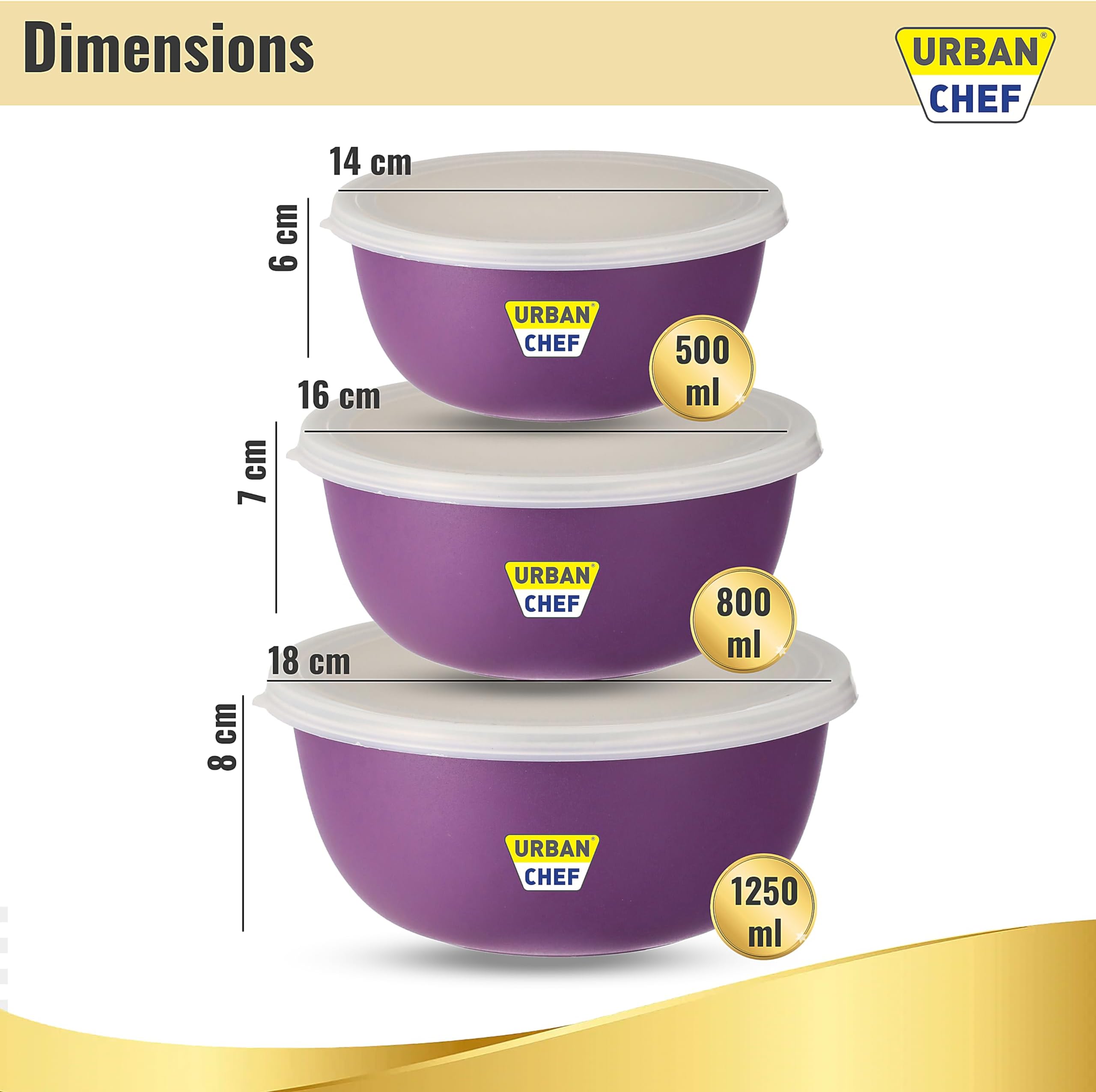 URBAN CHEF Mixing Bowl Set of 3 Stainless Steel (500ml, 800ml,1250ml) | Microwave Safe & Dishwasher Safe | Bowl Set with Lid | Bowl Set for Gift | Bowls for Snacks | Serving Bowls Kitchen Accessories