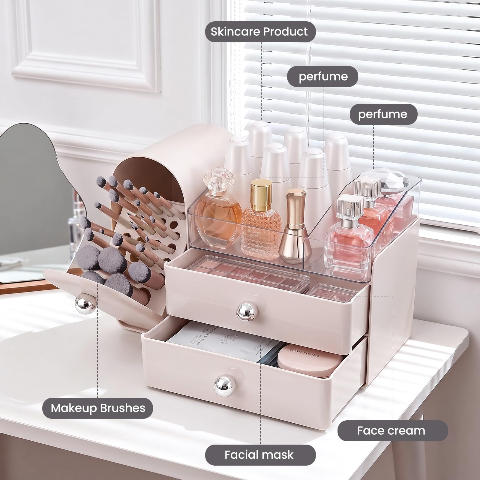 TRQWRO Makeup Organizer Countertop with Makeup Brush Holder,Pink view 4