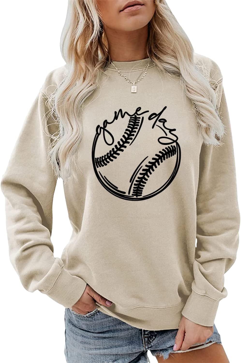 ARTECE Game Day Baseball & Softball Sweatshirt for Women | Funny Baseball Mom Crewneck Pullover in Beige, Size Large