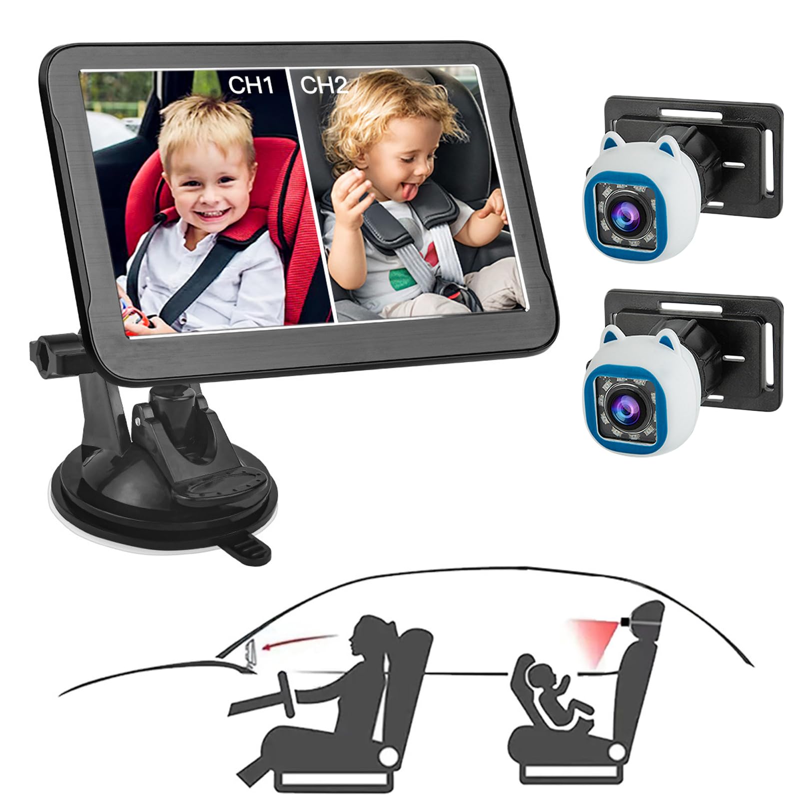 RiToEasysports Kamera Samochodowa dla Dziecka, Dwukanałowa Niania Samochodowa ABS o Rozdzielczości 7 Cali i Rozdzielczości 1080 P z Noktowizorem na podczerwień, Szerokim Kątem Widzenia 150 Stopni i