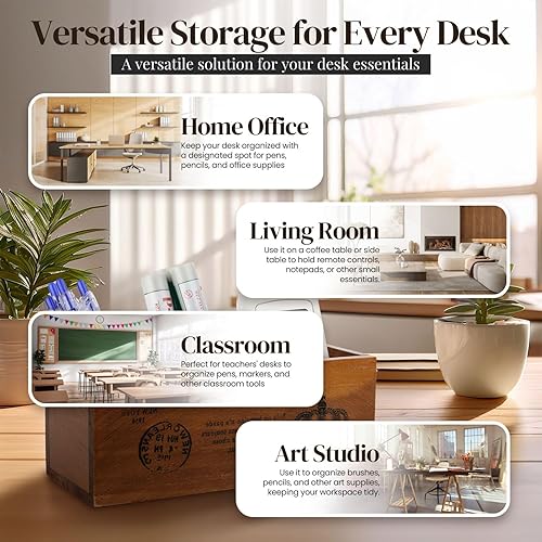 Miniatura 7 de Flexzion Portalápices de madera rústica para oficina, 3 ranuras, organizador de almacenamiento de escritorio y mesa, soporte multifuncional para