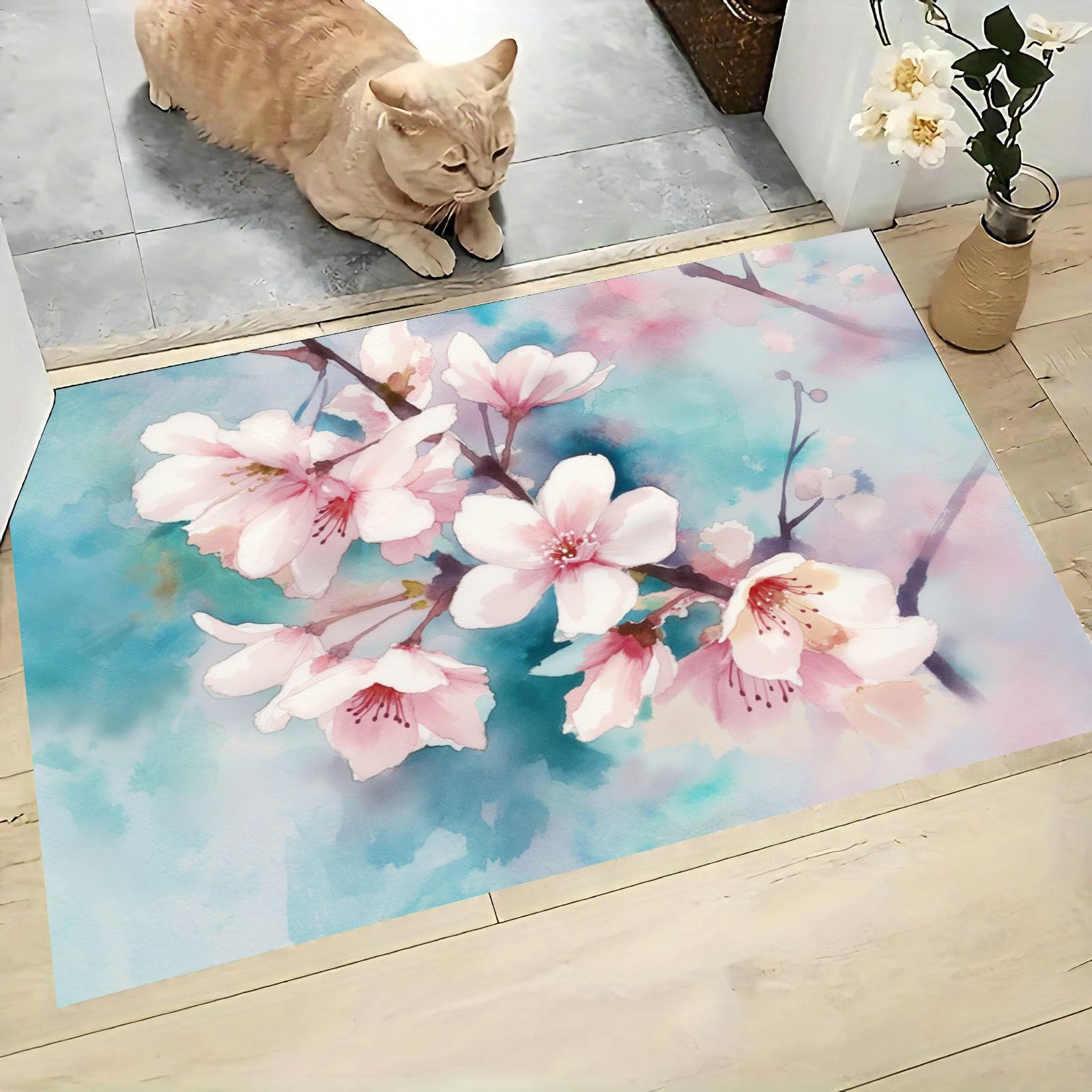 Tapis entrée lavable branches cerisier fleurs 60 x 90 cm pour intérieur extérieur