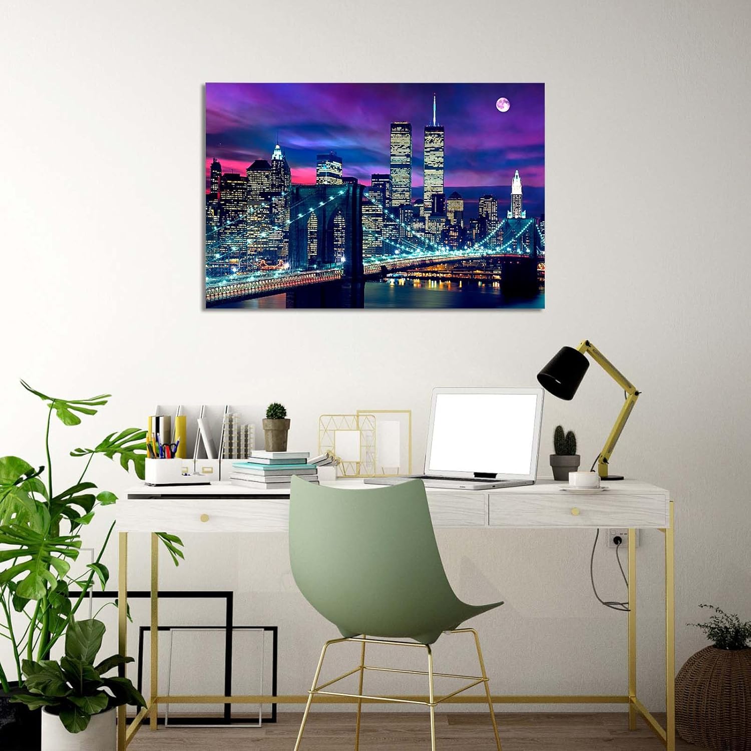 ChaudArt Night New York City Scene Picture Print on Canvas Framed Gallery Wrapped Modern Home and Office Decoration