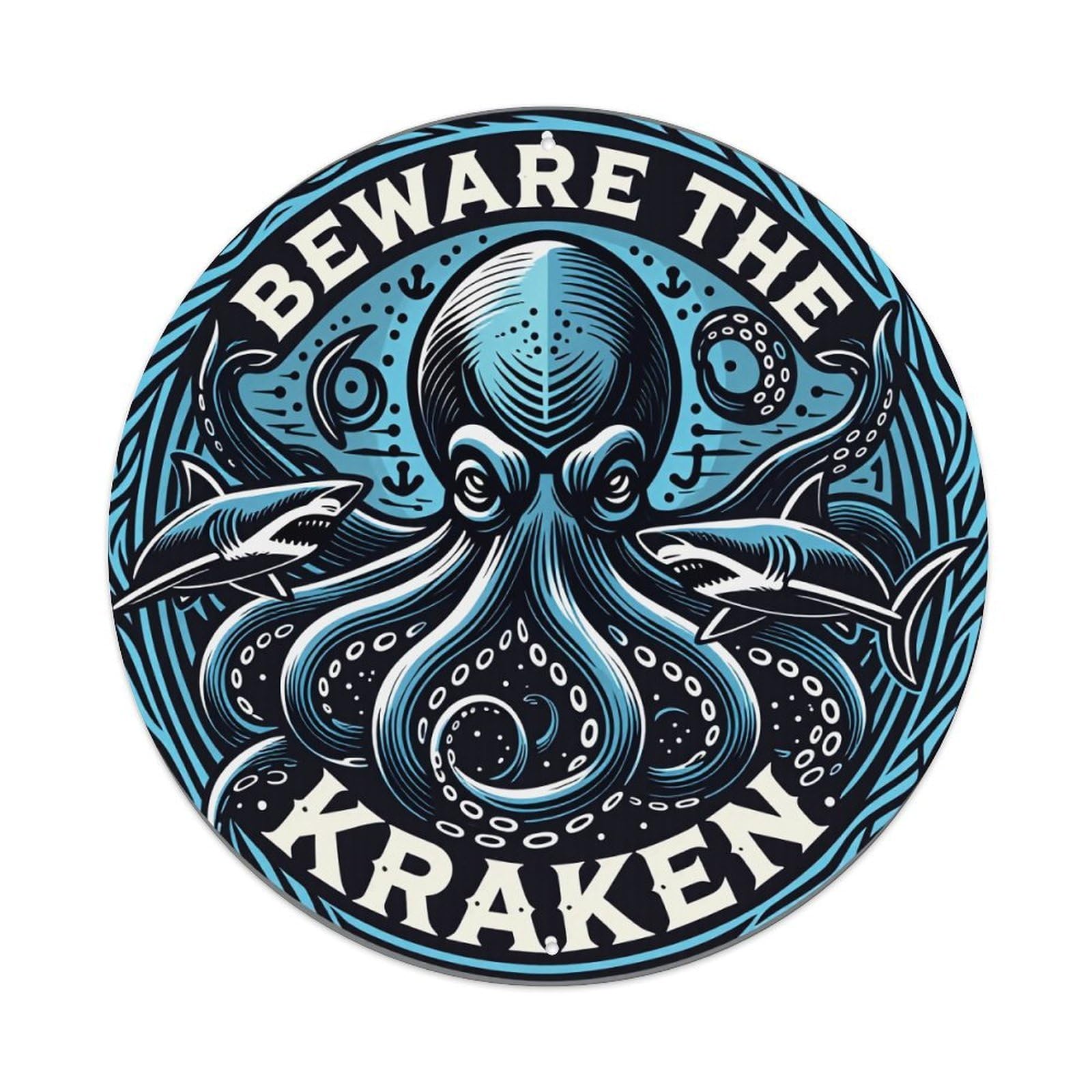 Beware The Kraken Octopus Design Tin Sign Metal Poster Vintage Metal Signs for Home Man Cave Bar Cafe Kitchen laundry room Wall Decorations Gift 8x8Inch