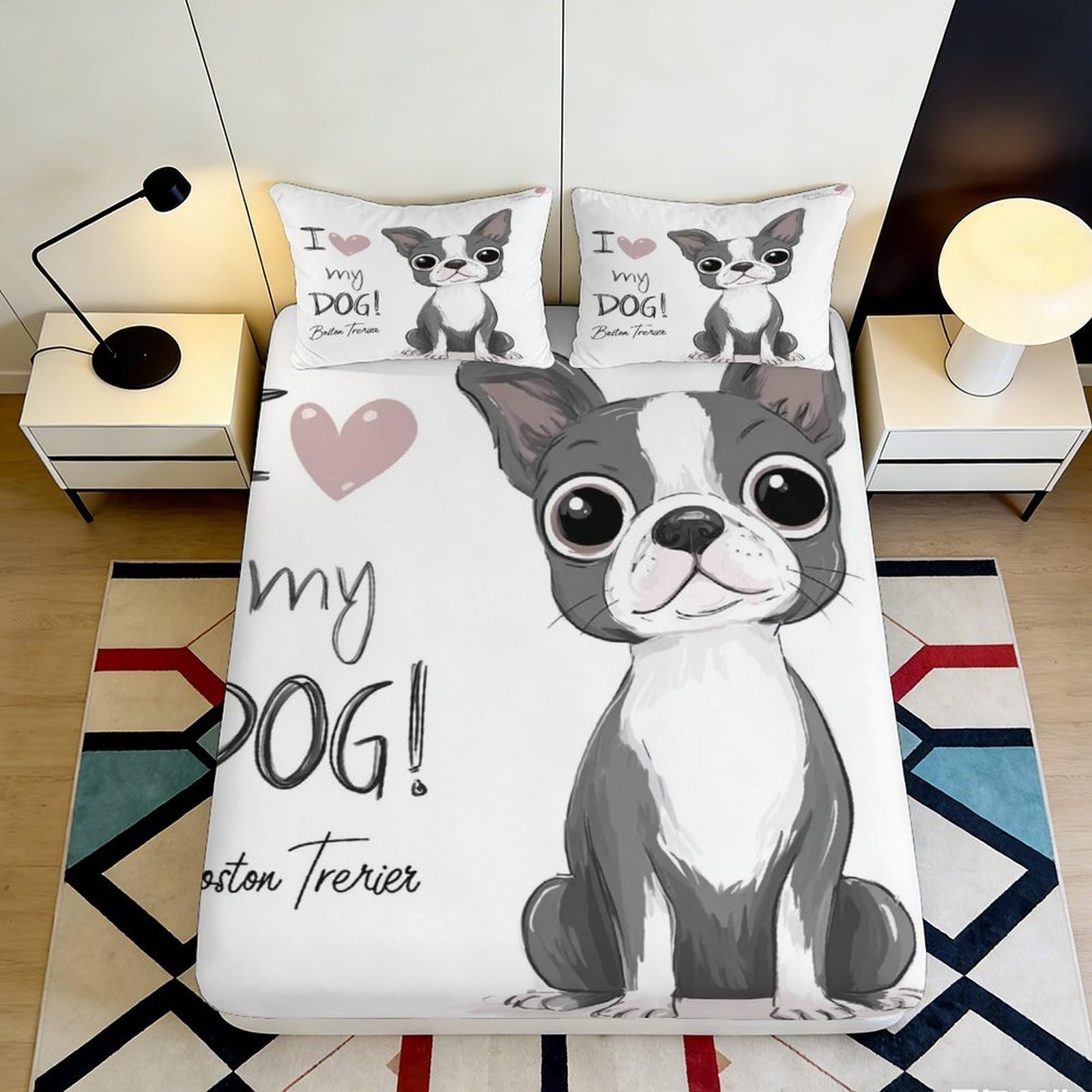 3D Printed Boston Terrier Fitted Sheet Microfiber Soft Breathable Dog Pattern Bed Cover for Bedroom Dormitory Guest Room Mattress Protection Decor 160x200x25cm