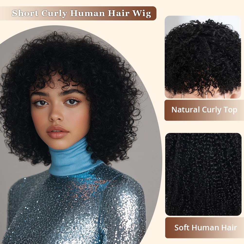 Style Icon 14” Short Afro Curly Human Hair Wigs Glueless Black Wig