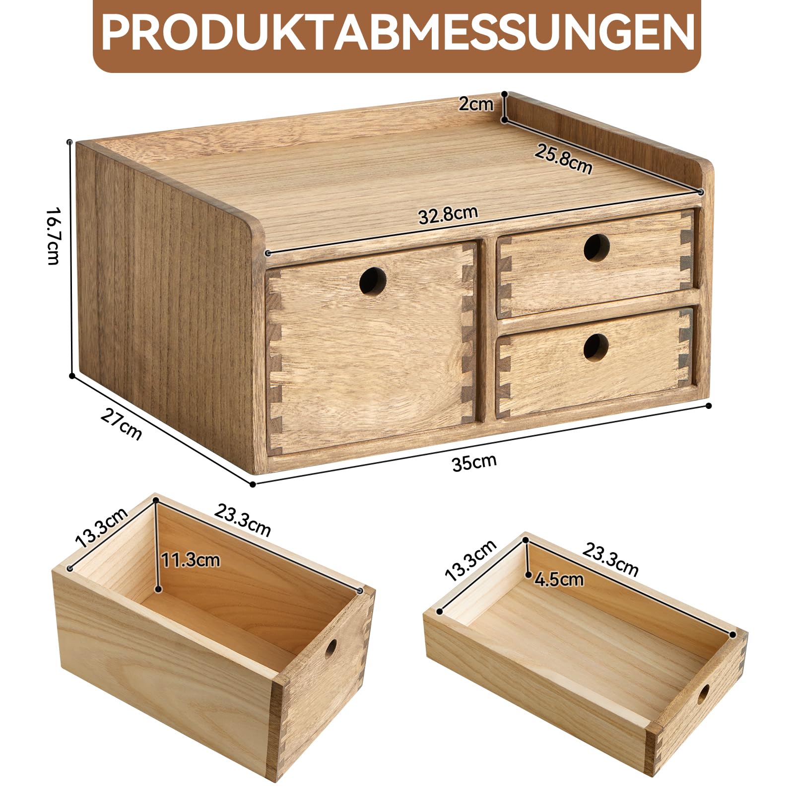 KIRIGEN Holz-Schreibtisch-Organizer mit 3 Schubladen und 1 Einlegeboden Heimarbeitsplatz Bürobedarf Holzaufbewahrungsbox Regal Case Hold Makeup Box Dunkelbraun