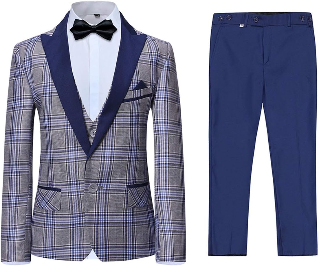 Boyland Boys 3 Pieces Tuxedo Suit Set Plaid Slim Fit Blue Peak Lapel Jacket Tux Vest Blue Pants Party Wedding