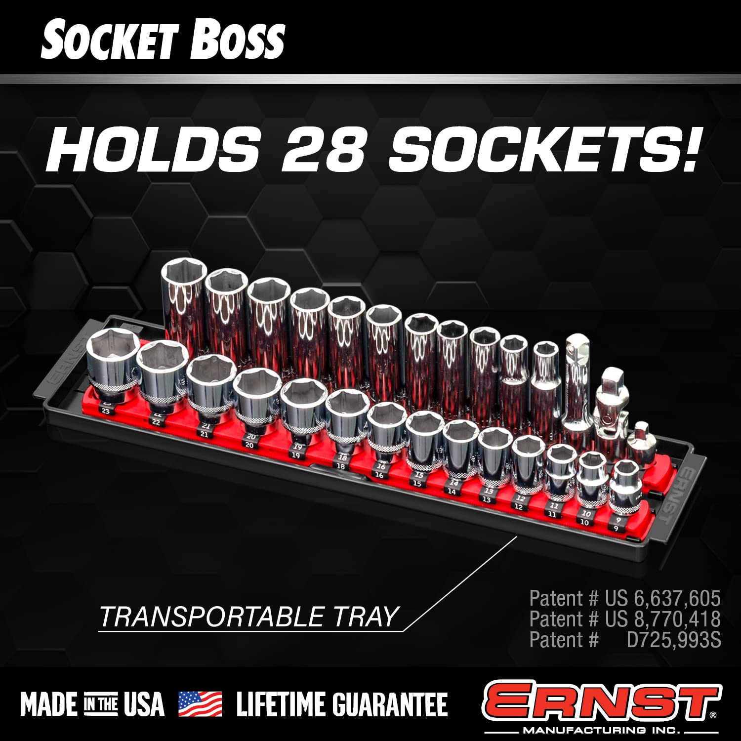 Ernst Manufacturing Twist-Lock Socket Boss, Premium 2-Rail 3/8-Inch-Drive Socket Organizer, 13-Inch, Red (8493) - 4