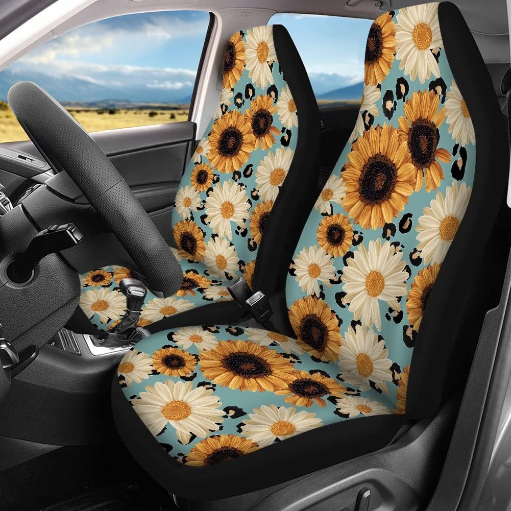 Kuiaobaty Luxury Sunflower & Daisy Designs Car Seat Cover Front and Rear Bench Seat Cover Pack of 4,Full Set fit for Car SUV Van Sedan