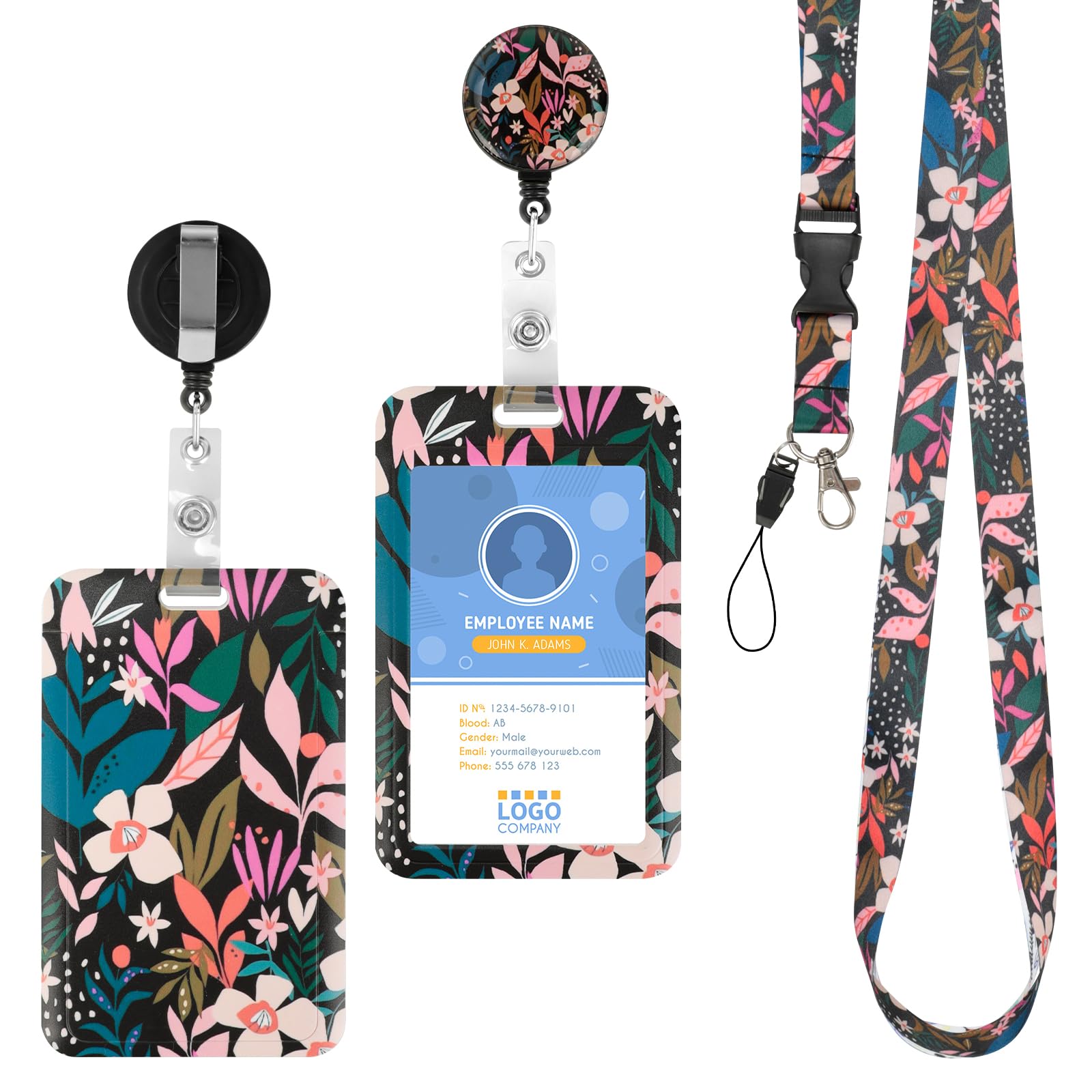 Cozary Detachable Lanyard Neck Badge Holder Floral Clip Badge Holder Retractable for Nurse Doctor Teacher Students