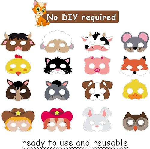 Miniatura 3 de Blulu 16 máscaras de animales de bosque de granja, cara de animal de corral para mascotas, zoológico, granja, temática de selva, cumpleaños,