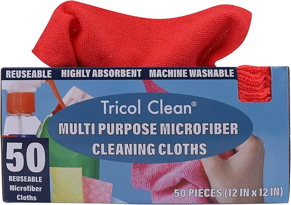Tricol Clean Profesional Resuable Lint Free Microfiber Edgeless Cleaning Cloth 50PK Cleaning Rags,Absorbent Microfiber Wipes in Dispenser Box for Housekeeping, Car Cleaning (12 * 12 Inches) (red1)