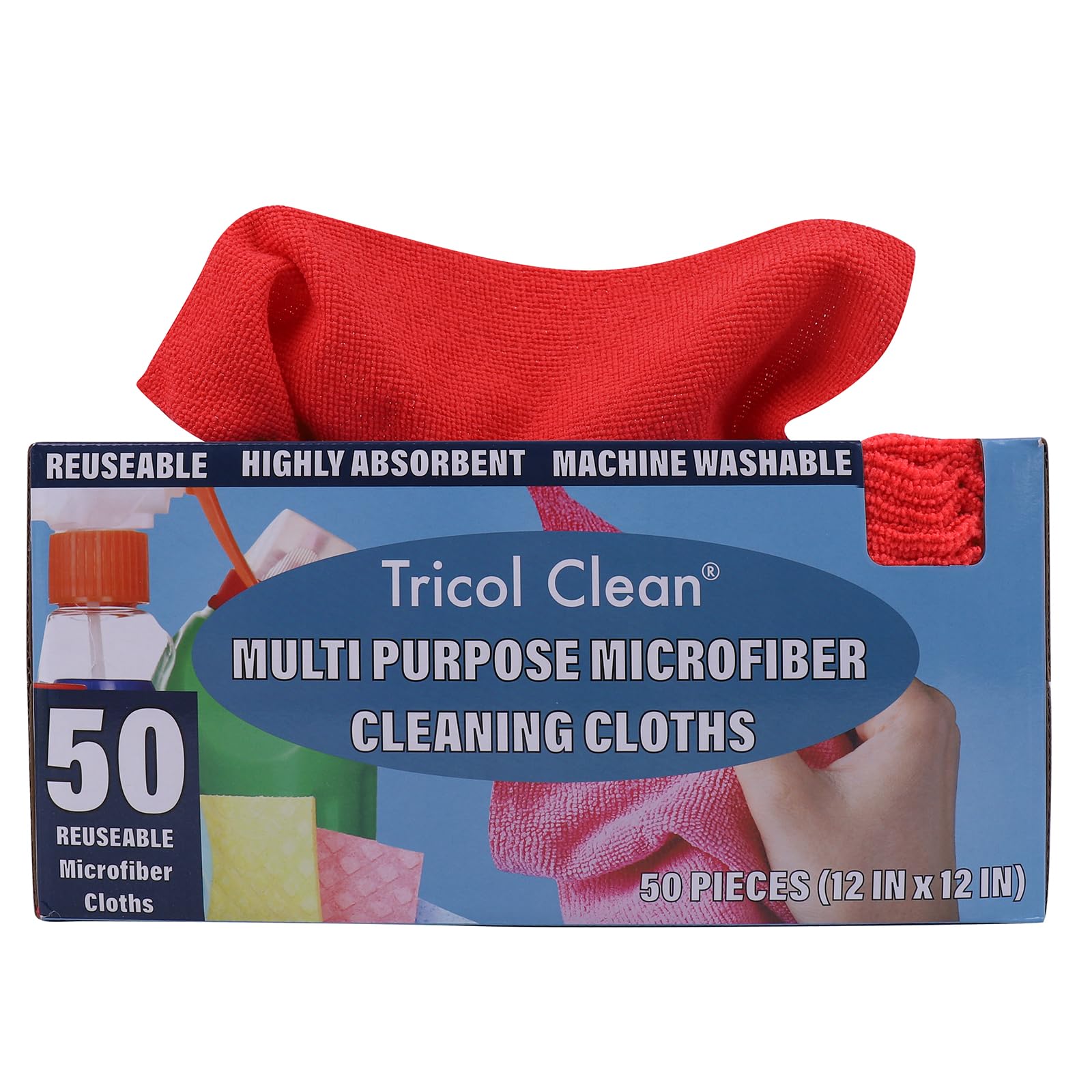 Tricol Clean Panno per la pulizia professionale in microfibra senza pelucchi, senza bordi, 50 pezzi, salviette assorbenti in microfibra in scatola dispenser per pulizia della casa, pulizia auto (30,5