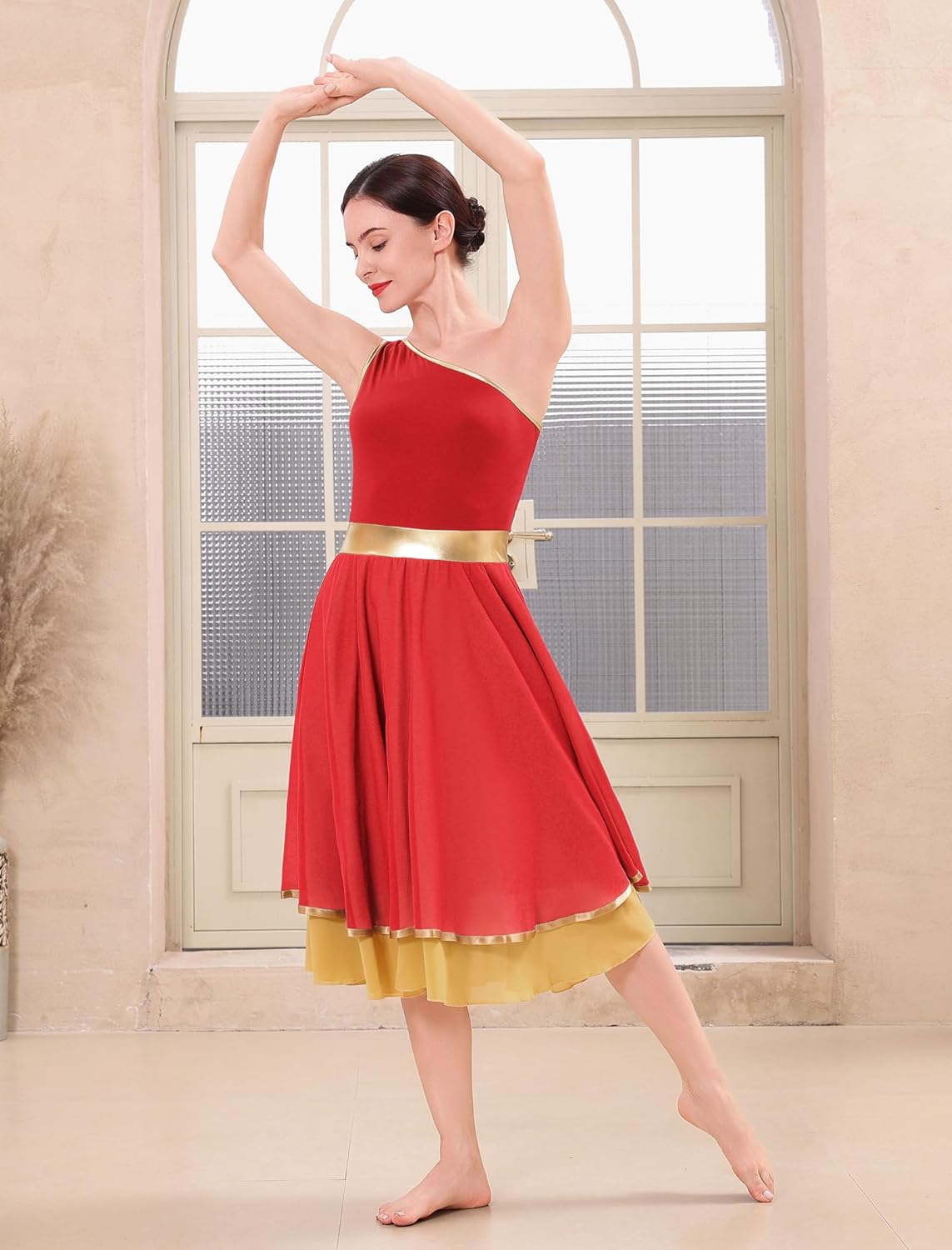 IBAKOM Women One Shoulder Praise Dance Tunic Dress Metallic Waist Chiffon Skirt Worship Overlay Tunic Liturgical Dancewear