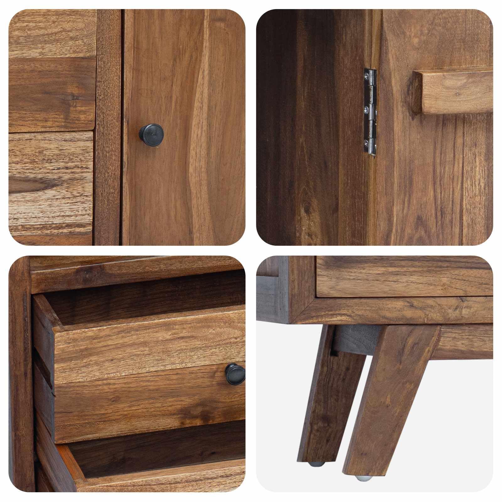 Aparador de teca 100 x 30 x 68 cm madera maciza natural con 2 cajones y puerta, cofre vintage grande para salón, comedor, cocina o pasillo