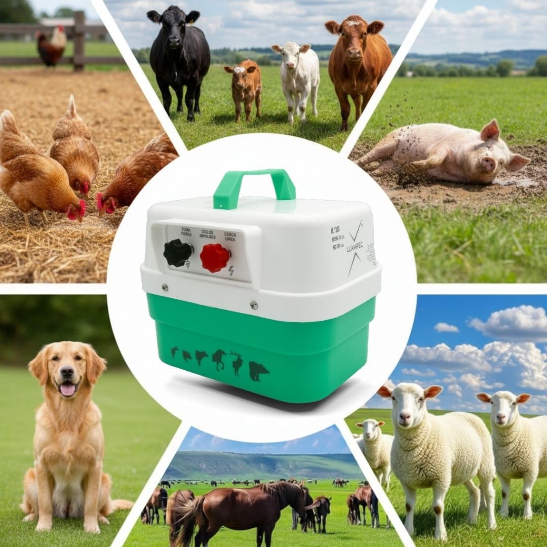 Pastor eléctrico Llampec Mod.1220 con batería 12V – 5,3J, 10.000V y 65 km de alcance – Ideal para ganado equino, vacuno, porcino, ovino y animales salvajes – Alimentador incluido –Batería no incluida