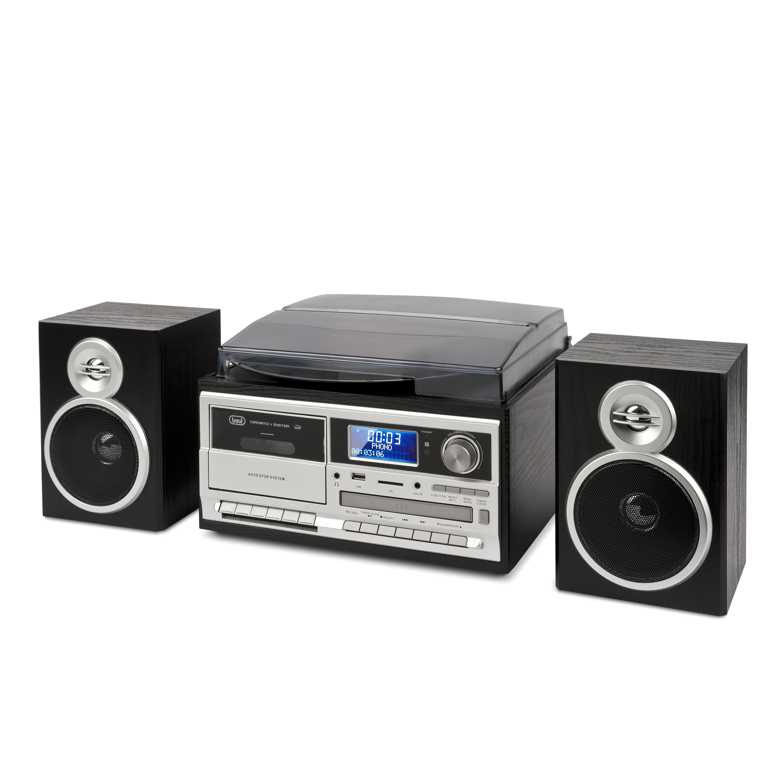 Trevi TT 1072 DAB Giradischi Vintage 25W 3 Velocità CD USB AUX-IN Cassette Radio Digitale Stereo All-in-One Encoding Nero