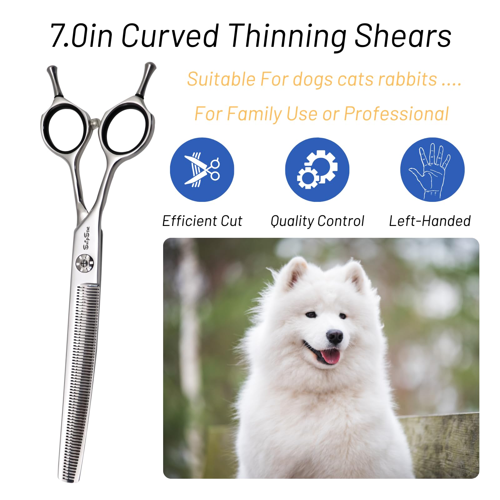7 pouces Pet Grooming amincissement ciseaux 25 degrés courbes gauche 65 dents ciseaux chien, taux d'amincissement 30%