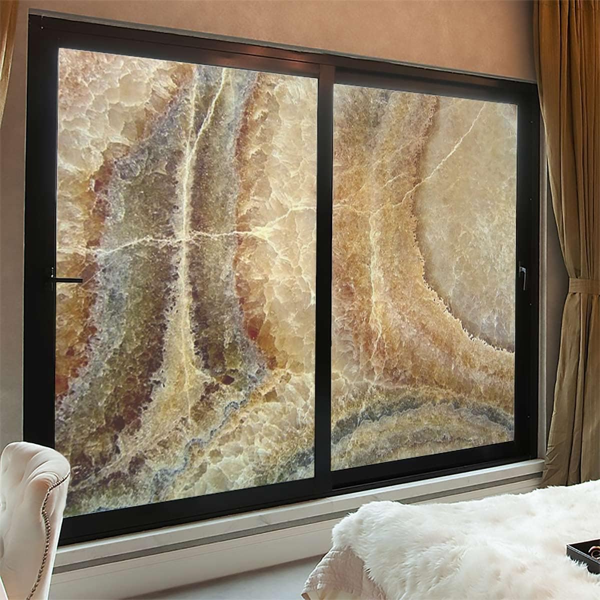 Brown Window Privacy Film Decorative Window Clings Static Stickers No-Adhesive Sliding Door Glass Films UV Blocking for Home, Marble Onyx Stone Surface Privacy Window Film 23.6Wx35.4L-inch x2 Pcs