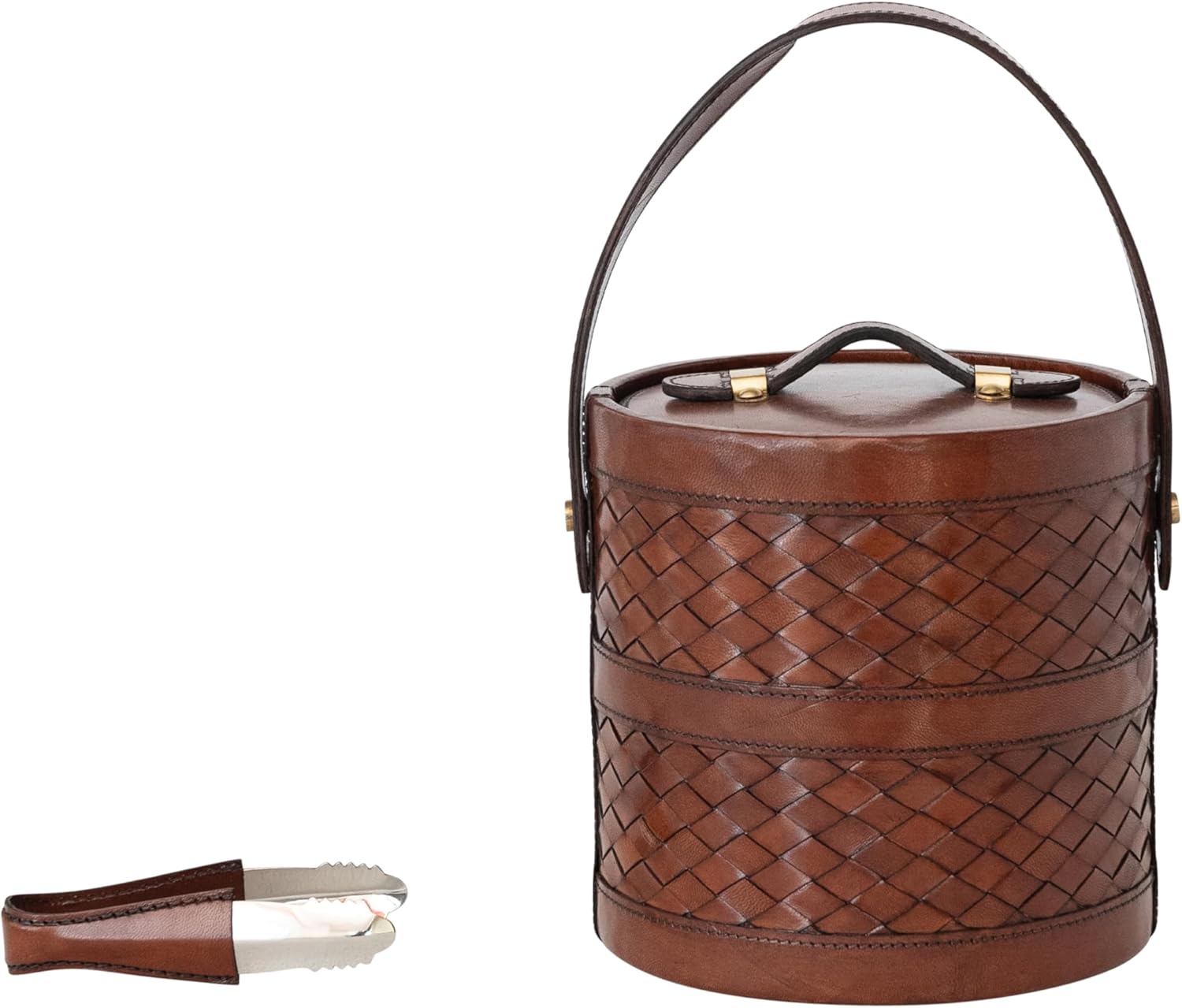 Creative Co-Op 2.5 Quart Woven Leather Ice Bucket with Tongs, Cognac Color