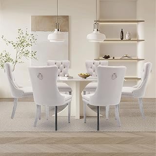 Luxury Velvet Dining Chairs Set of 6 Upholstered Knocker Ring Back Tufted Kitchen Chairs for Home Office Dining Room Bedroom and Lounge with Silver Steel Legs, Hand Made (Beige Silver)