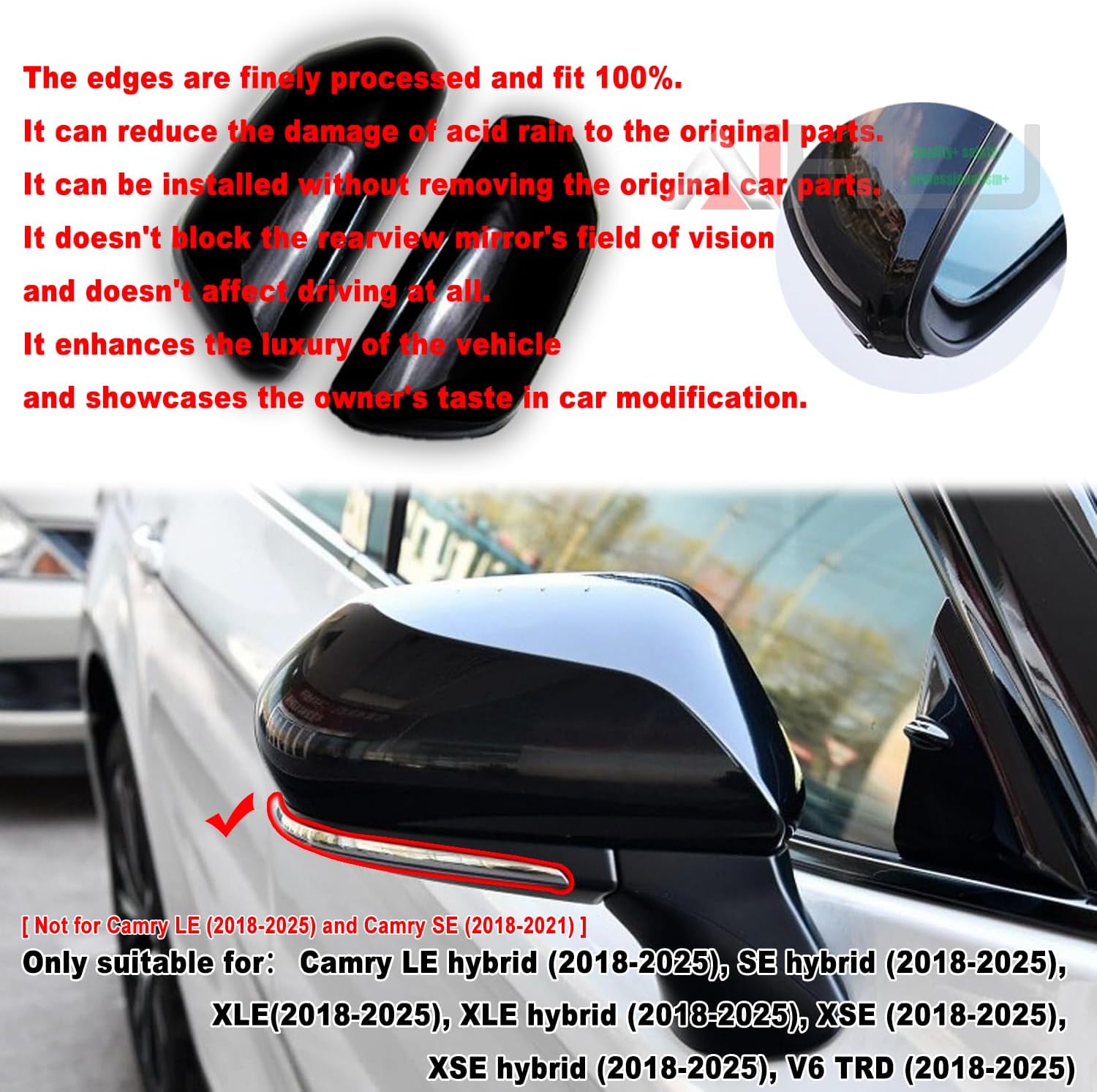 AJHLJ® 2Pcs Side Mirror Cover For Toyota Camry 2018-2025 Car Rearview Mirror Cap Covers Trim Accessories (Piano black)