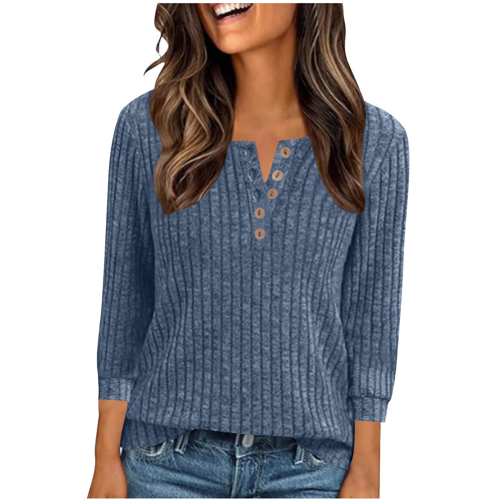 3 4 Length Sleeve Womens Tops Ribbed Knit Fall Sweater Button Down Vneck Casual Sweaters Fashion Soft Pullover