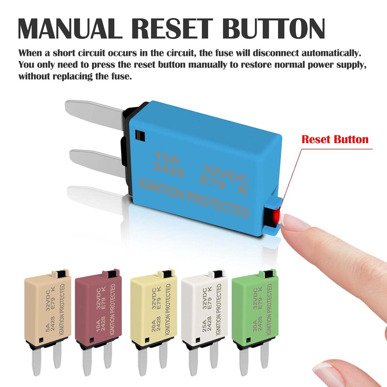 ATM Manual Reset Fuse Kit Low-Profile Mini Fuses 5A, 10A, 15A, 20A, 25A, 30A for DC 32V Automotive Circuit Breakers ATM Micro Blade Fuses for Off-Road Vehicles RV Car Truck