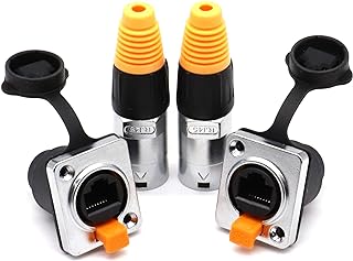 RJ45 Interface Waterproof sockets Connector,Right Angle Panel Mounting Shielded RJ45 IP65 Waterproof PCB Signal Panel Cat5/5e/6 8P8C Connector Ethernet LAN Cable Connector(2 Set/4 Pack)