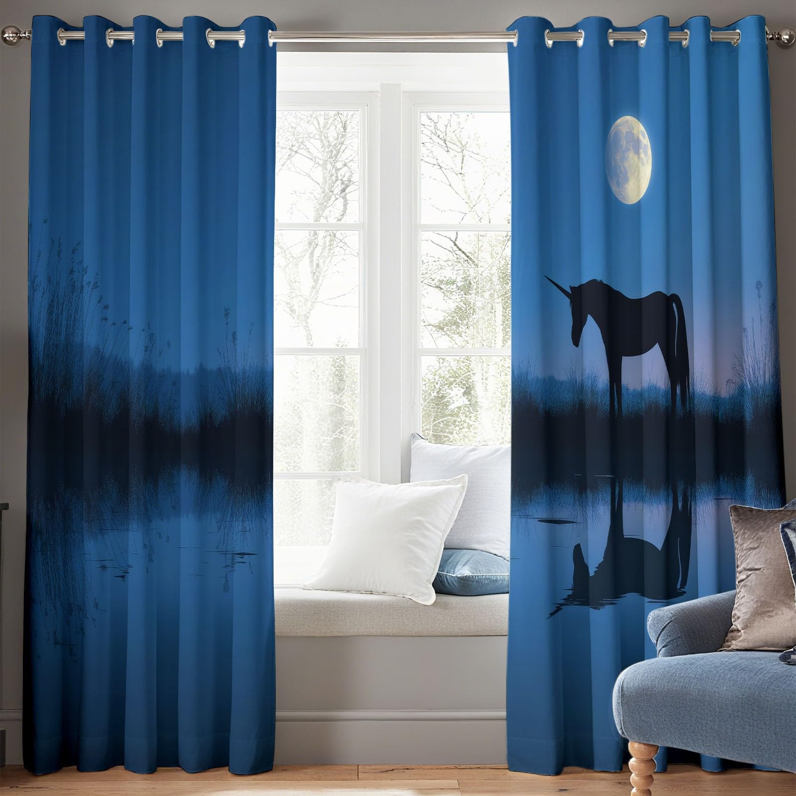 Lot De 2 Rideau Occultant Enfant pour Fille Garcon L140 x H245 cm, Silhouette De Licorne Rideau Occultant À Oeillet Bleu Thermiques Phonique Anti Froids, Décor De Chambre