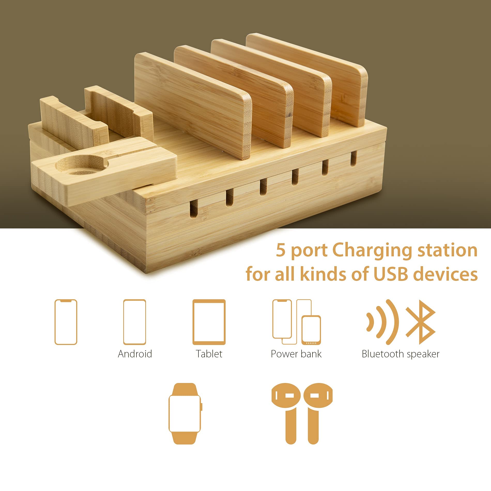 Station De Charge BAMBOU TechDot 5 Ports USB - Pour Smartphone, Tablette, Montre - Organisation Bureau