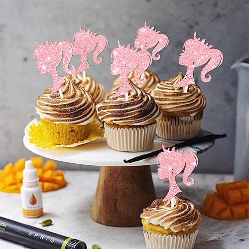 Miniatura 7 de 18 piezas de decoración de postre de princesa con purpurina rosa para decoración de fiesta de maquillaje para mujeres y niñas, feliz cumpleaños,