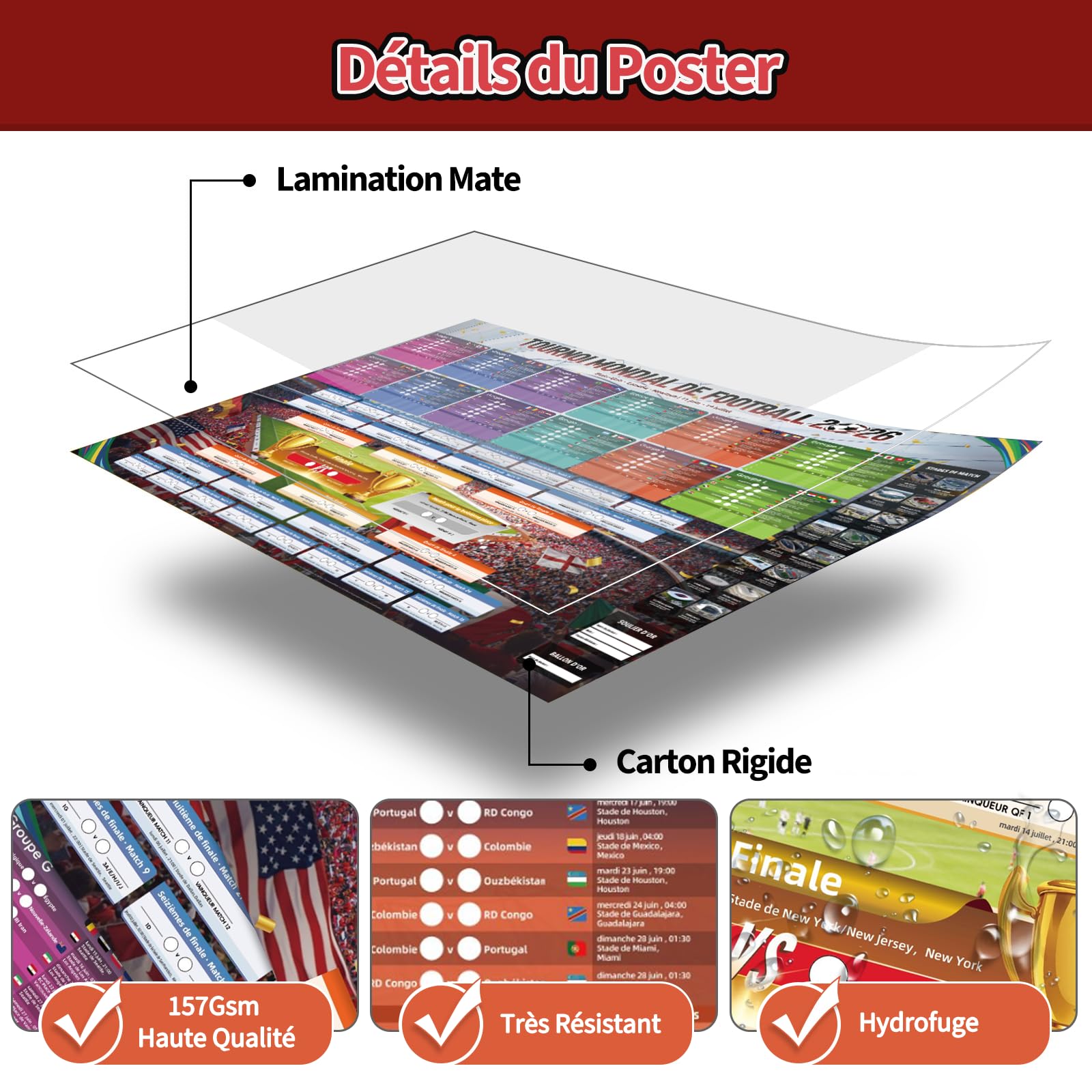 AhfuLife Guirlande de Fanions et Poster Calendrier Coupe du Monde de Football 2026 – 48 Drapeaux du Monde Bannière 14x21cm + Affiche Géant 100x70cm, Décoration pour Mondial 2026 (Français, HNEC) - 4