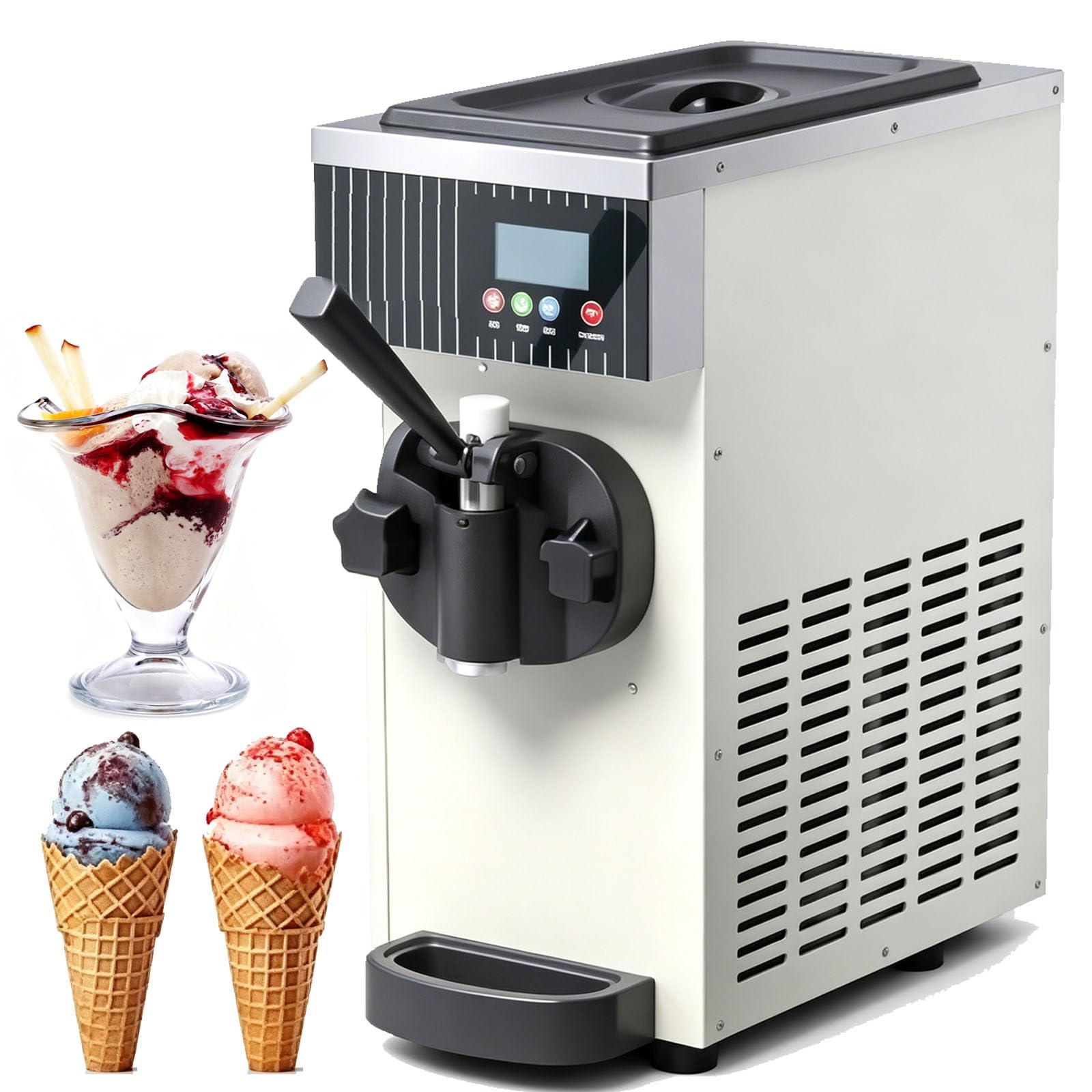 STDZQCWY 450w Commercial Ice Cream Machine, Countertop Single Head Commercial Ice Cream Maker, 4-5kg/h Output, With Intelligent Control Panel, For Cafe Snack Bar Dessert Shop white