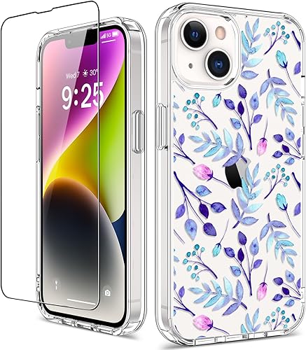 Miniatura 23 de GiiKa Funda rígida para iPhone 14 con protector de pantalla, 6.1 pulgadas, transparente, a prueba de golpes, diseño floral rosa, para niñas y Small