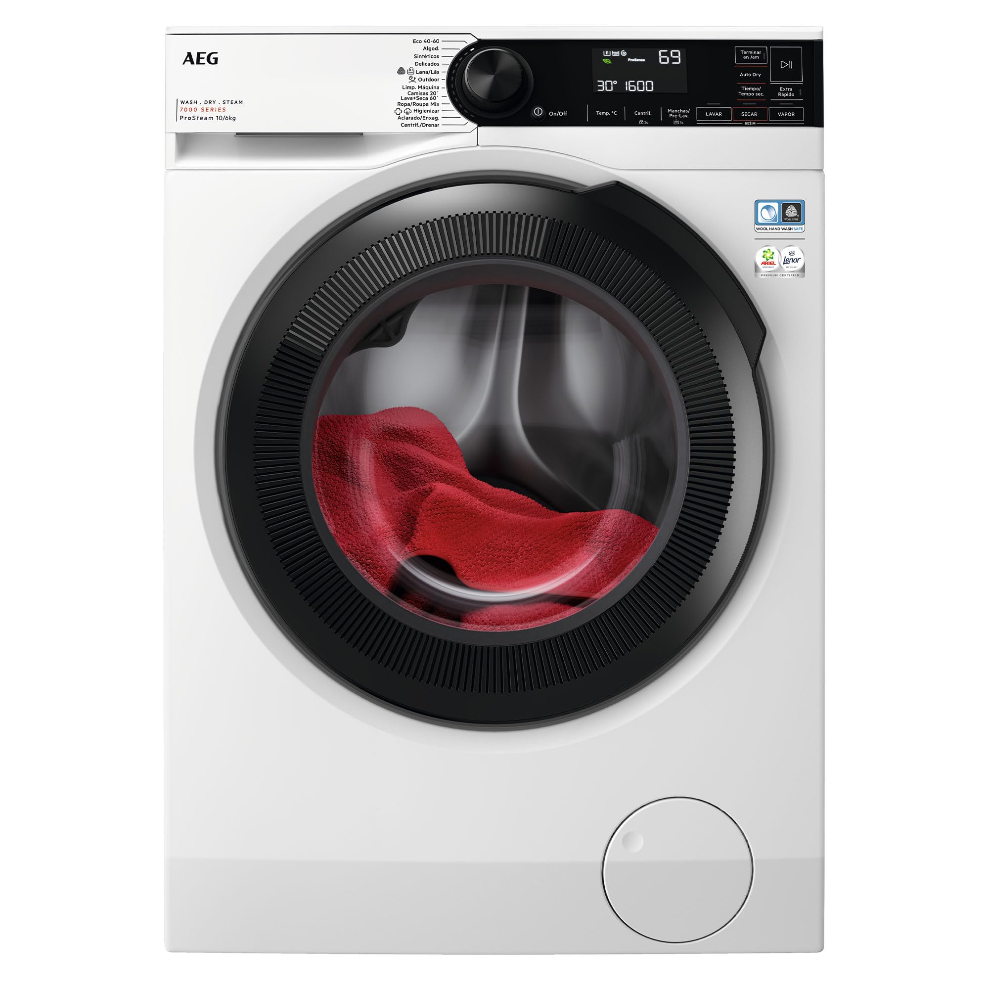 AEG LWR7316O4B Lavasecadora de Carga Frontal, Lava 10 Kg Seca 6 Kg, Libre Instalación, 1600 rpm, Conectividad WiFi, Cajón universal PODs, Programa NonStop, Panel LCD, Blanco, Clase D